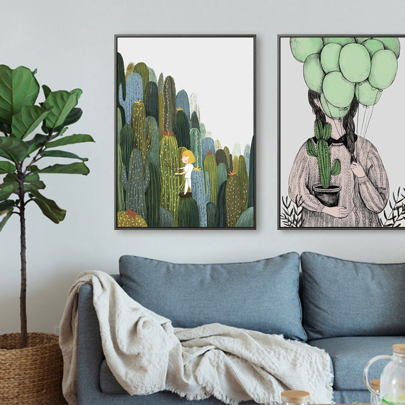 Girl and Cactus Wall Art Textured Contemporary Living Room Canvas Print in Soft Color Clearhalo 'Art Gallery' 'Canvas Art' 'Contemporary Art Gallery' 'Modern' Arts' 1933289