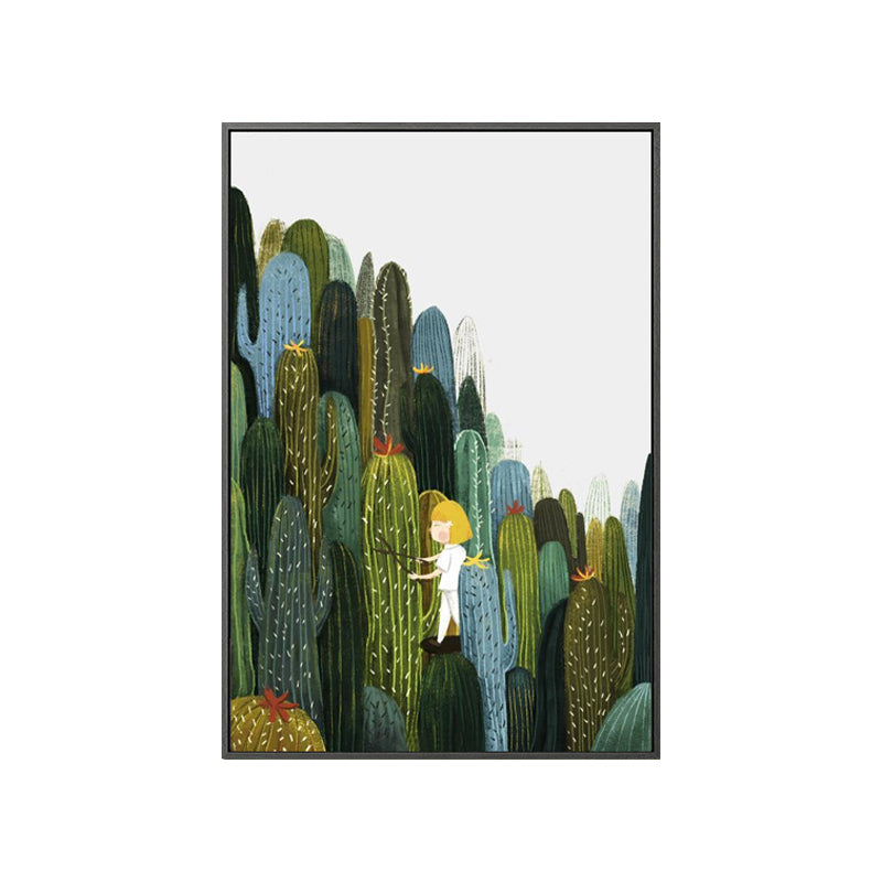 Girl and Cactus Wall Art Textured Contemporary Living Room Canvas Print in Soft Color Clearhalo 'Art Gallery' 'Canvas Art' 'Contemporary Art Gallery' 'Modern' Arts' 1933299