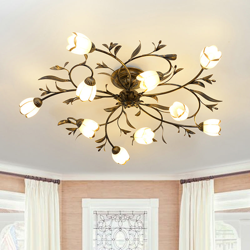 Flower Vine Bedroom Semi Flush Mount Rural Cream Glass 4/8/12