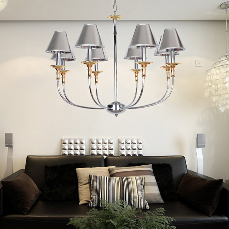 Traditional Cone Shape Chandelier 3/4/6-Head Fabric Hanging Pendant in Black/Chrome with Swooping Arm 8 Chrome Clearhalo 'Ceiling Lights' 'Chandeliers' Lighting' options 1934133_5c7fbf9d-5b6a-44a6-b752-1e6ffac8c732