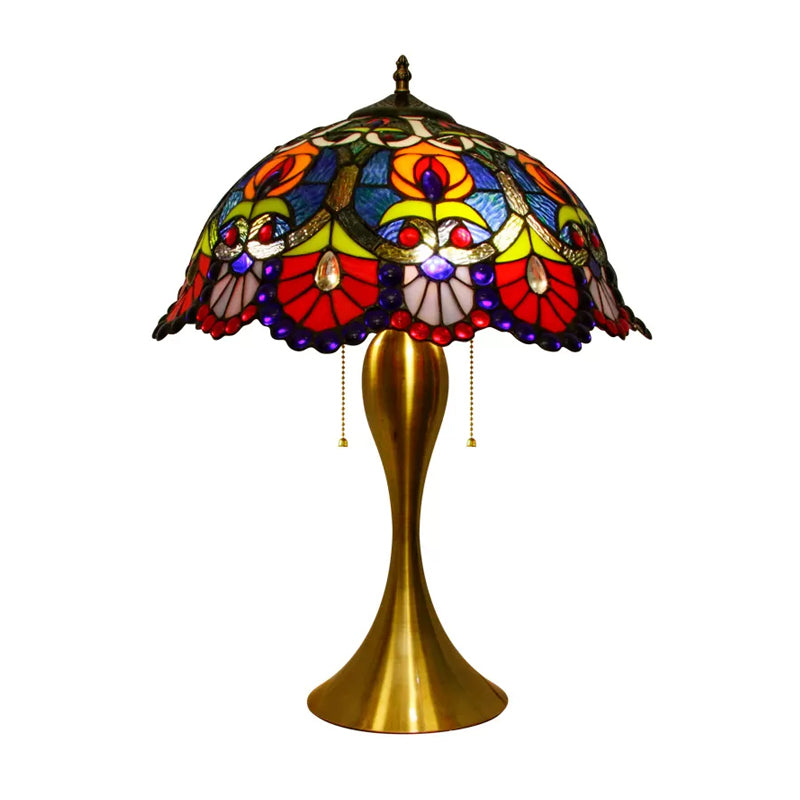 Victorian Dome Night Light 1 Bulb Stained Glass Desk Lighting with Beaded Deco in Brass, Pull Chain Clearhalo 'Lamps' 'Table Lamps' Lighting' 1934219