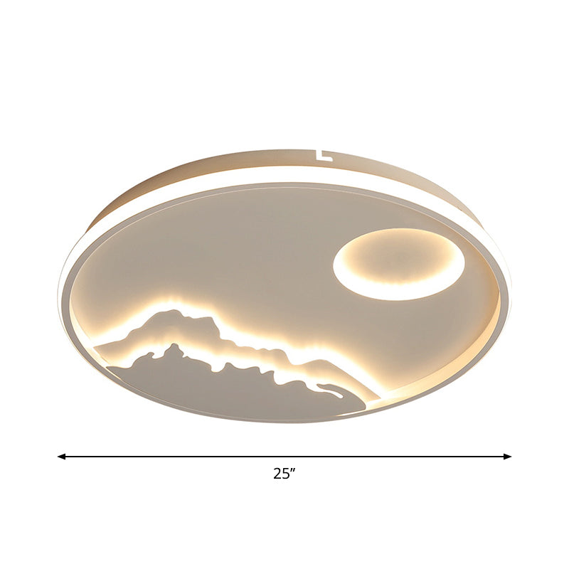 Modern LED Circle Ceiling Light White Mountain Sunrise Scenery Flush Mount with Acrylic Shade in Warm/White Light, 17"/20.5"/25" W Clearhalo 'Ceiling Lights' 'Close To Ceiling Lights' 'Close to ceiling' 'Flush mount' Lighting' 1936046