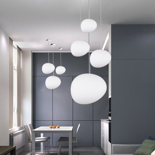Floating Pebble Dining Room Pendant Lamp Cream Glass 1 Head Minimalist Hanging Ceiling Light in White, 9"/12.5"/18" Wide Clearhalo 'Ceiling Lights' 'Modern Pendants' 'Modern' 'Pendant Lights' 'Pendants' Lighting' 1936794