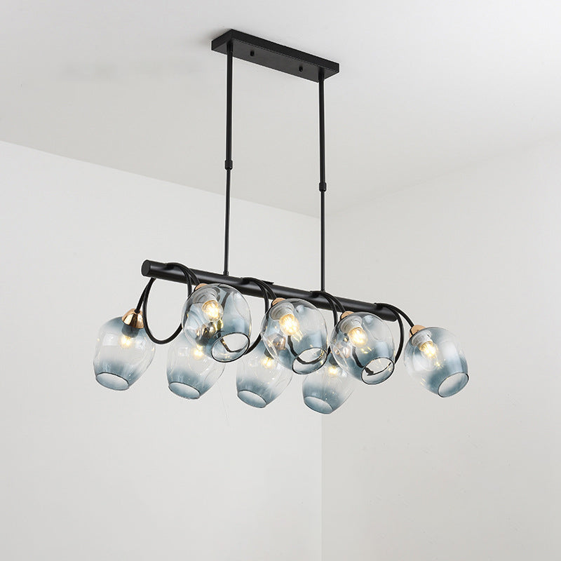 Wine Cup Island Light Modern Dimpled Blue/Green Ombre Glass 6/8/10-Head Black Suspended Lighting Fixture Clearhalo 'Ceiling Lights' 'Glass shade' 'Glass' 'Island Lights' Lighting' 1937714