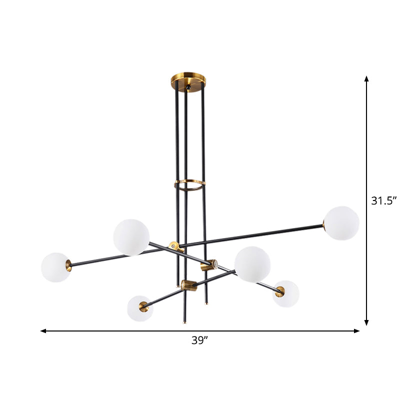 Black 3-Arm Chandelier Light Postmodern 6 Bulbs Metal Ceiling Pendant with Ball Milky Glass Shade Clearhalo 'Ceiling Lights' 'Chandeliers' 'Modern Chandeliers' 'Modern' Lighting' 1938378