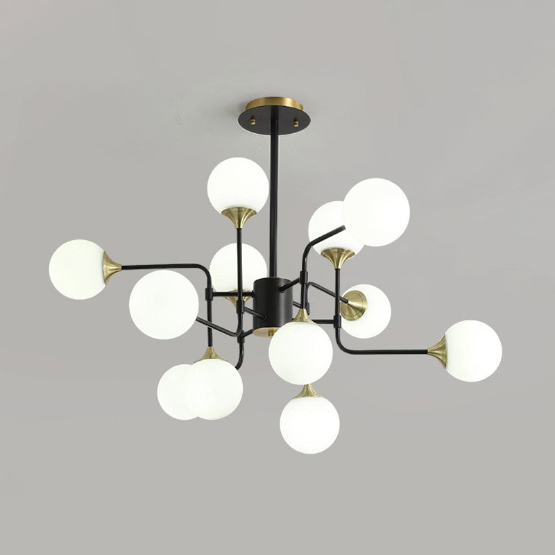 Black and Gold Branch Hanging Lamp Modern 8/12/16-Light Milky Ball Glass Chandelier Light Fixture Clearhalo 'Ceiling Lights' 'Chandeliers' 'Modern Chandeliers' 'Modern' Lighting' 1938439