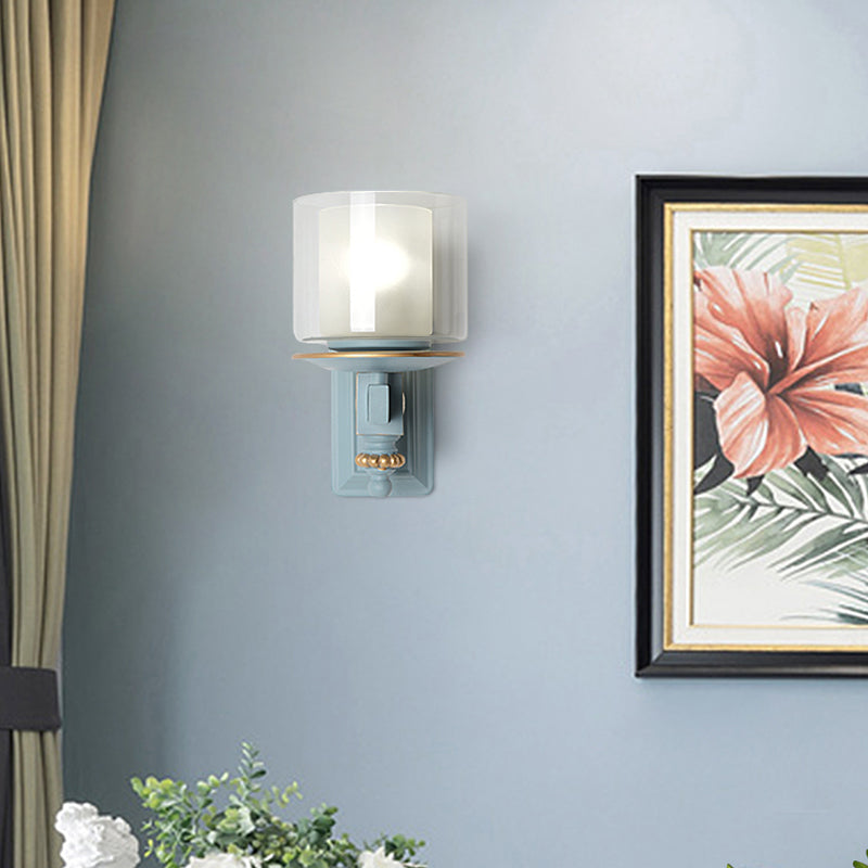 Nordic Stylish Cylinder Wall Light with Shell Deco 1 Light Metal & Glass Wall Lamp for Stair Sky Blue Clearhalo 'Wall Lamps & Sconces' 'Wall Lights' Lighting' 193955