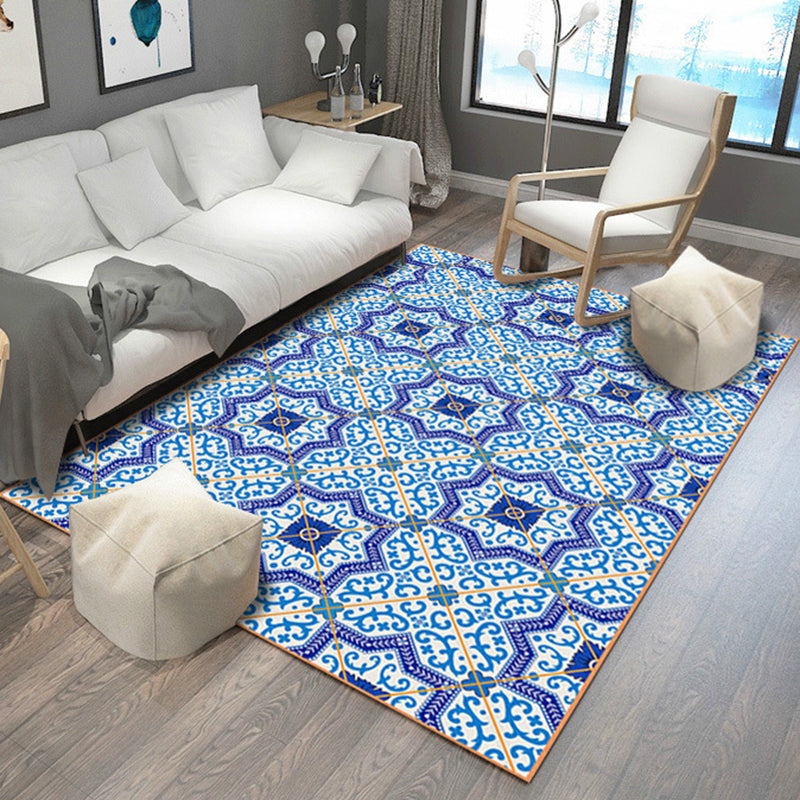 Blue Bedroom Rug Moroccan Flower Polygon Pattern Rug Polyester