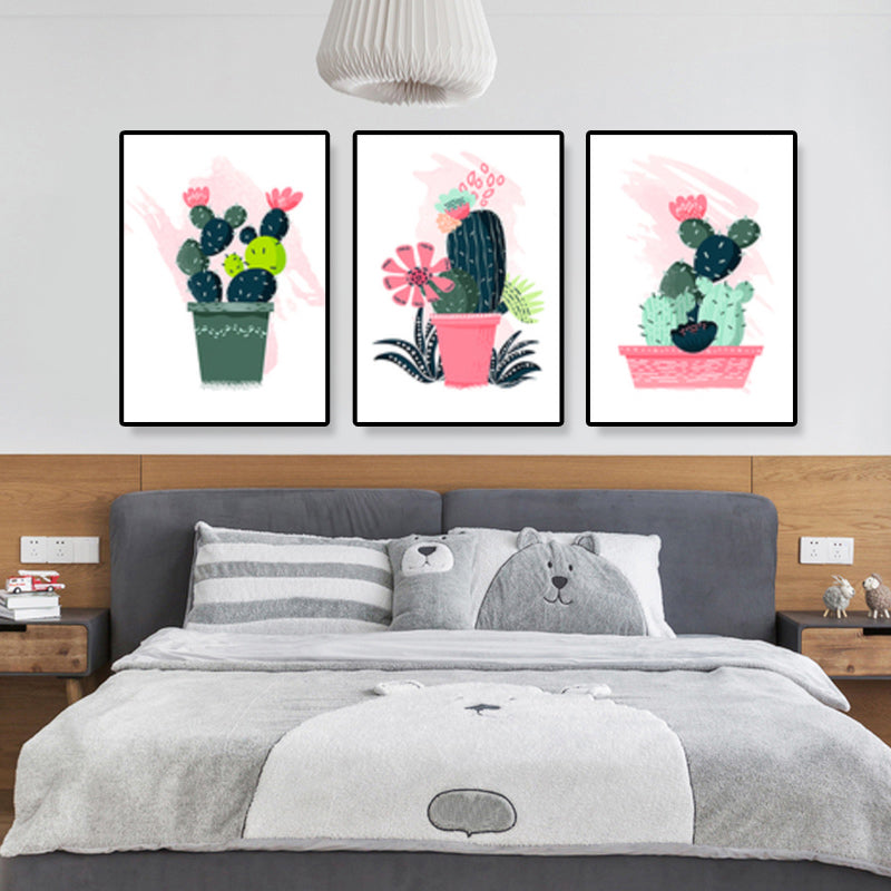 Bonsai Potted Cactus Art Print Nordic Canvas Wall Decor in Pink for Sitting Room Clearhalo 'Arts' 'Canvas Art' 1948031