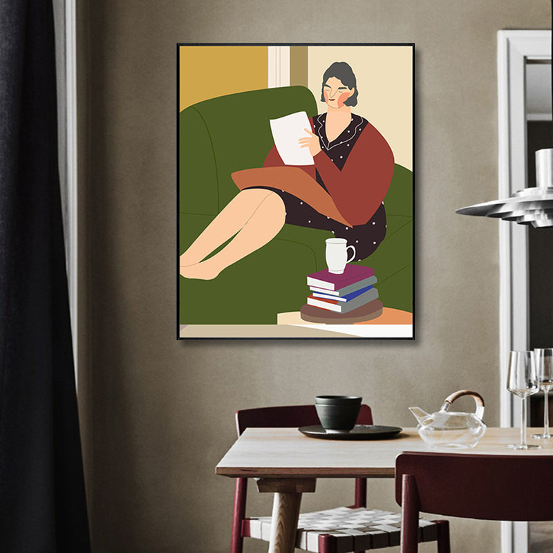 Drawing Girls Day Wall Art Funky Trendy Figure Wall Decor in Pastel Color for Living Room Red Clearhalo 'Arts' 'Canvas Art' 1948075