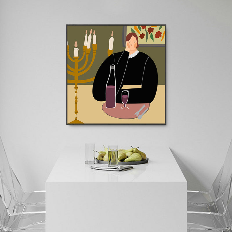 Canvas Textured Art Print Funky Illustrated Drinking Alone Wall Decor for Girls Bedroom Black Clearhalo 'Arts' 'Canvas Art' 1948506