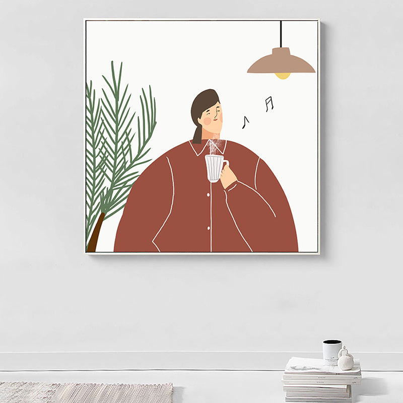 Pastel Illustration Girl Wall Art Figure Nordic Style Textured Canvas Print for Bedroom Brown Clearhalo 'Arts' 'Canvas Art' 1948521