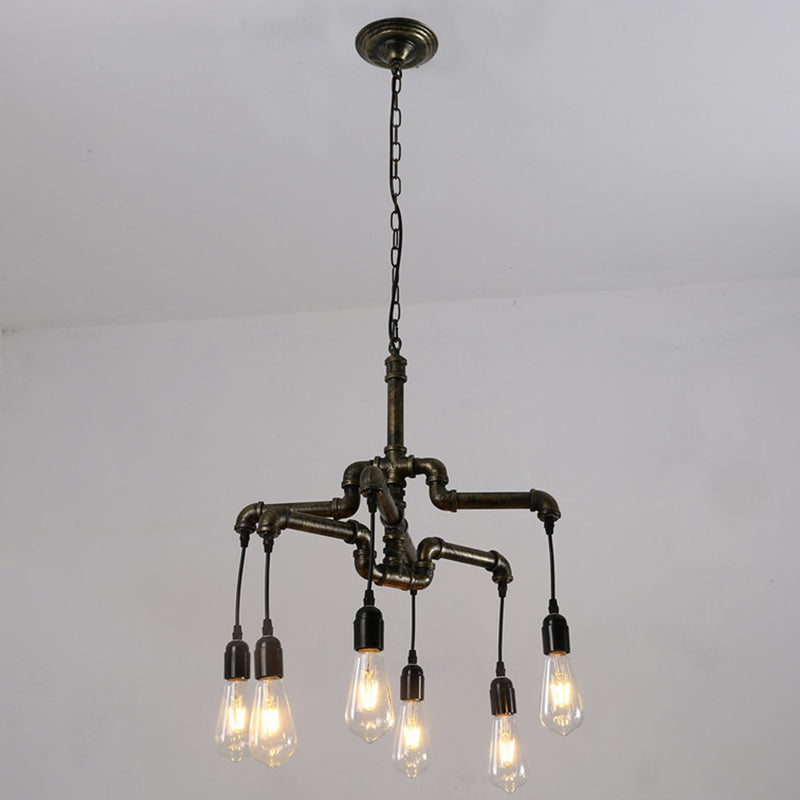 Bronze 2-Layer Water Pipe Chandelier Industrial Iron 4/6 Heads Dining Room Hanging Ceiling Light Clearhalo 'Cast Iron' 'Ceiling Lights' 'Chandeliers' 'Industrial Chandeliers' 'Industrial' 'Metal' 'Middle Century Chandeliers' 'Rustic Chandeliers' 'Tiffany' Lighting' 1948679