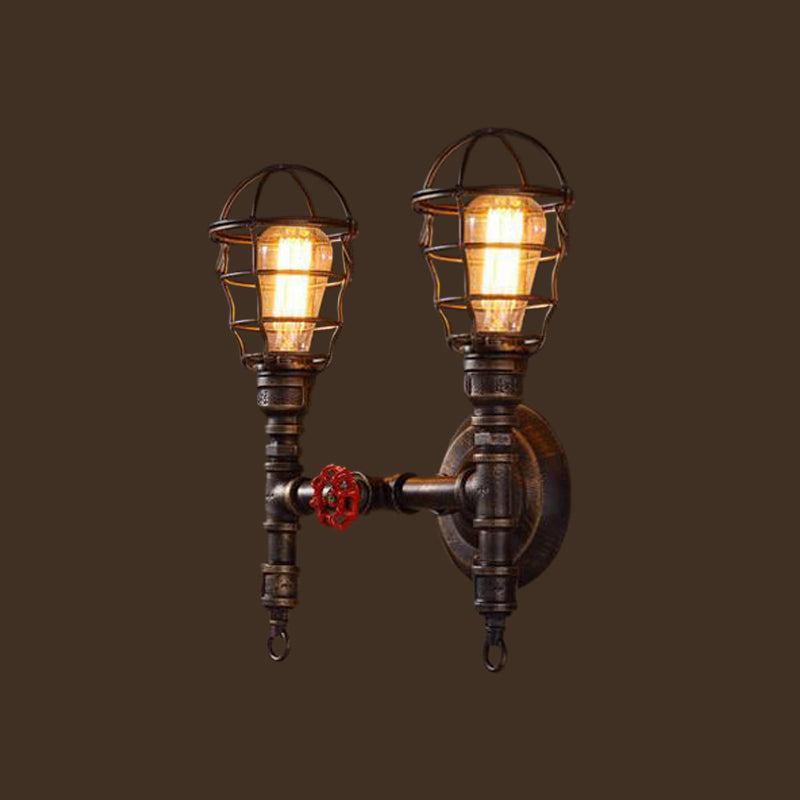 2 Bulbs Wall Mount Light Industrial Piping Iron Wall Lighting with Wire Cage in Bronze Clearhalo 'Art deco wall lights' 'Cast Iron' 'Glass' 'Industrial wall lights' 'Industrial' 'Middle century wall lights' 'Modern' 'Rustic wall lights' 'Tiffany' 'Traditional wall lights' 'Wall Lamps & Sconces' 'Wall Lights' Lighting' 1949907