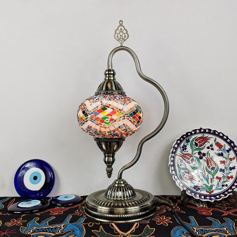 Stained Art Glass Globe Table Lamp Art Deco 1 Head Restaurant Night Light with Curvy Arm in White/Red/Yellow Clearhalo 'Lamps' 'Table Lamps' Lighting' 1950494