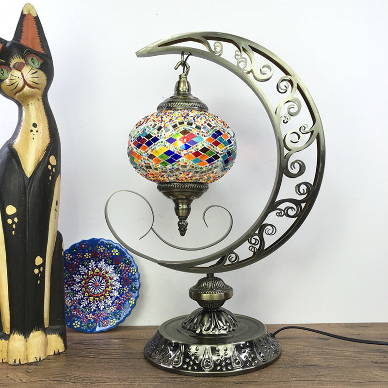 Global Bedroom Nightstand Lamp Decorative Stained Glass 1 Light White/Red/Pink Desk Light with Moon Design Clearhalo 'Lamps' 'Table Lamps' Lighting' 1950518