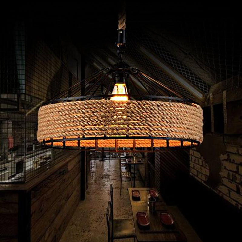 Black 1 Light Pendant Lighting Farmhouse Rope Cone Cage Iron Hanging Lamp Kit for Dining Room, 12"/16"/19.5" W Clearhalo 'Ceiling Lights' 'Industrial Pendants' 'Industrial' 'Middle Century Pendants' 'Pendant Lights' 'Pendants' 'Tiffany' Lighting' 1950702