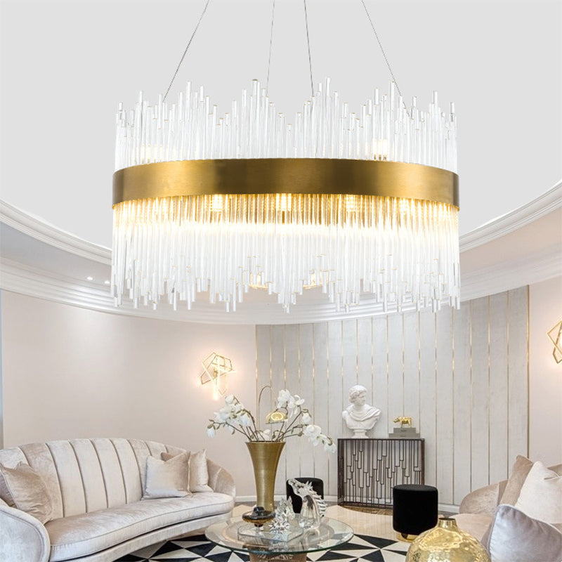 Round Crystal Rod Suspension Lighting Simple LED 25.5"/31.5" W Brass Chandelier Light Fixture with Waterfall Design Clearhalo 'Ceiling Lights' 'Chandeliers' 'Modern Chandeliers' 'Modern' Lighting' 1952619