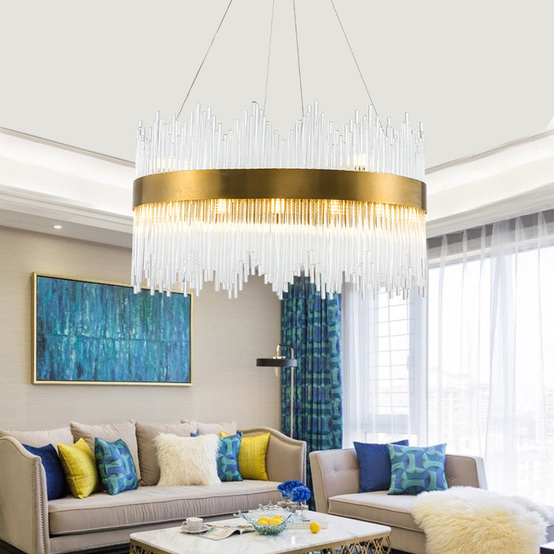 Round Crystal Rod Suspension Lighting Simple LED 25.5"/31.5" W Brass Chandelier Light Fixture with Waterfall Design Brass 31.5" Clearhalo 'Ceiling Lights' 'Chandeliers' 'Modern Chandeliers' 'Modern' Lighting' 1952620