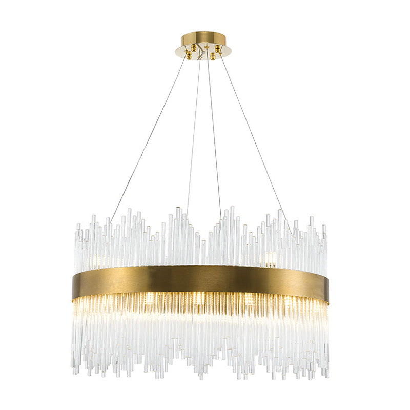 Round Crystal Rod Suspension Lighting Simple LED 25.5"/31.5" W Brass Chandelier Light Fixture with Waterfall Design Clearhalo 'Ceiling Lights' 'Chandeliers' 'Modern Chandeliers' 'Modern' Lighting' 1952621
