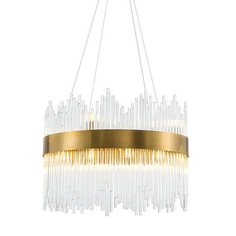 Round Crystal Rod Suspension Lighting Simple LED 25.5"/31.5" W Brass Chandelier Light Fixture with Waterfall Design Clearhalo 'Ceiling Lights' 'Chandeliers' 'Modern Chandeliers' 'Modern' Lighting' 1952626