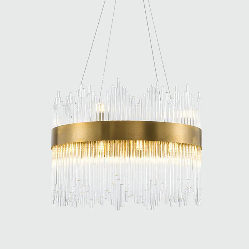 Round Crystal Rod Suspension Lighting Simple LED 25.5"/31.5" W Brass Chandelier Light Fixture with Waterfall Design Clearhalo 'Ceiling Lights' 'Chandeliers' 'Modern Chandeliers' 'Modern' Lighting' 1952627