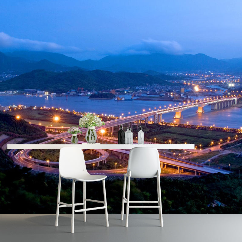 Custom Photographic Modern Mural with Aerial View of Night City in Dark Color for Bedroom Dark Blue Clearhalo 'Wall Decor' 'Wall Mural' 1956931