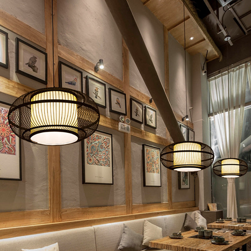 Black Oval Ceiling Hanging Lantern Chinese 1 Bulb Bamboo Pendant Lamp with Ancient Riverside Town Print, 19.5"/23.5" W Clearhalo 'Ceiling Lights' 'Modern Pendants' 'Modern' 'Pendant Lights' 'Pendants' Lighting' 1958005