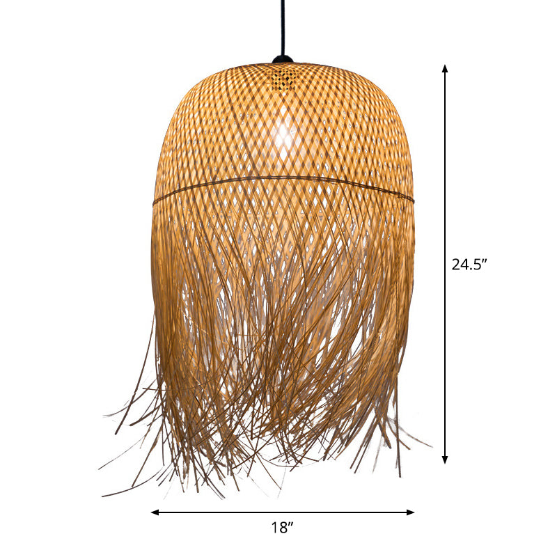 Rustic Fringe Pendant Light Rattan 6"/10"/18" Wide Single-Bulb Dining Room Hanging Lamp in Beige Clearhalo 'Ceiling Lights' 'Modern Pendants' 'Modern' 'Pendant Lights' 'Pendants' Lighting' 1958023
