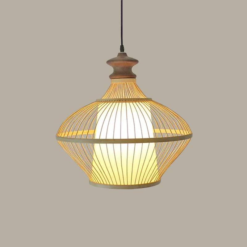 Funnel/Urn/Pear Ceiling Hang Light Asian Bamboo Single-Bulb Tearoom Hanging Pendant in Beige Clearhalo 'Ceiling Lights' 'Modern Pendants' 'Modern' 'Pendant Lights' 'Pendants' Lighting' 1958464
