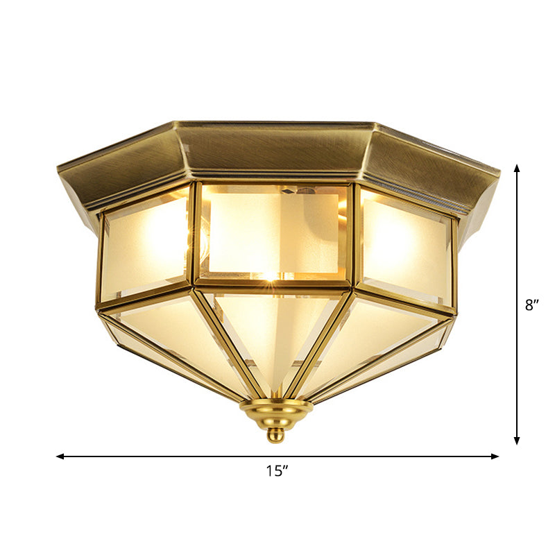 13"/15" W 2 Lights Frosted Glass Flush Mount Lamp Vintage Brass Octagon Living Room Flush Ceiling Light Clearhalo 'Ceiling Lights' 'Close To Ceiling Lights' 'Close to ceiling' 'Flush mount' Lighting' 1963504