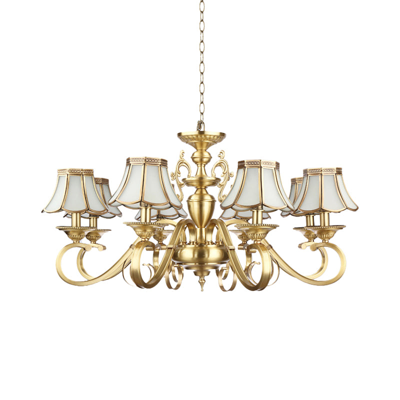 Polished Brass Scalloped Chandelier Lamp Colonial Frosted Glass 8 Lights Living Room Hanging Ceiling Light Clearhalo 'Ceiling Lights' 'Chandeliers' 'Glass shade' 'Glass' 'Pendant Lights' Lighting' 1963694
