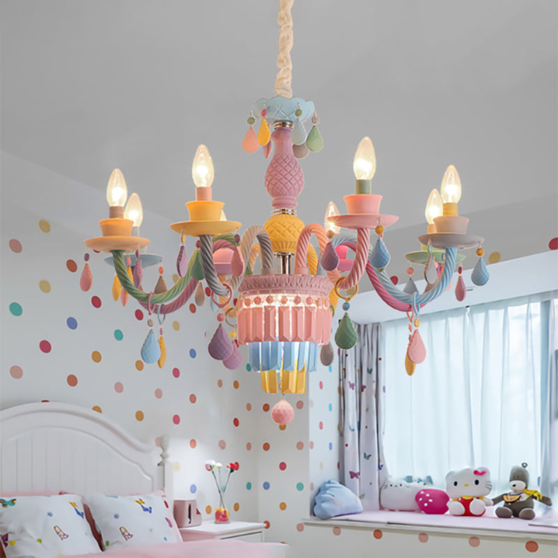 Nursing Room Foyer Candle Pendant Light Glass Kids Multi-Color Chandelier with Teardrop 8 Blue-Yellow-Green-Pink Clearhalo 'Ceiling Lights' 'Chandeliers' Lighting' options 196390_4f597c17-9962-4a8e-b553-b27efa0c718e