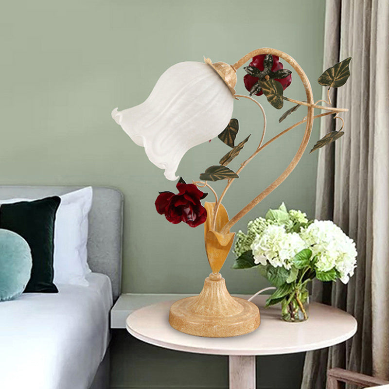 1-Bulb Night Light Pastoral Floral Frosted Milky Glass Table Lamp with Arched Arm in Blue/Beige Clearhalo 'Lamps' 'Table Lamps' Lighting' 1968581