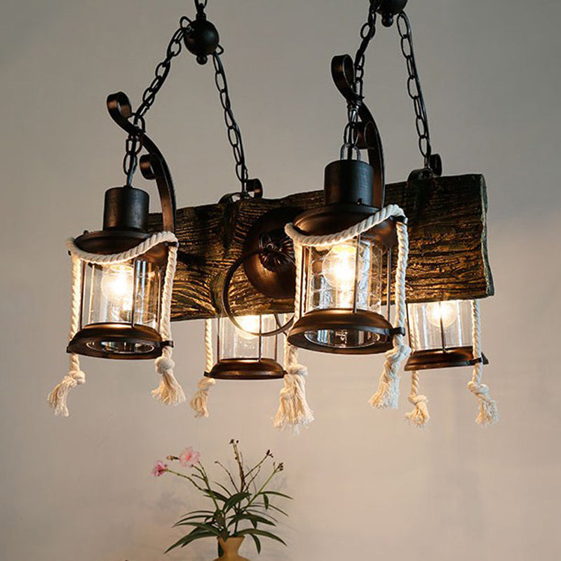 Lantern Clear Glass Chandelier Lamp Industrial 4/6 Heads Restaurant Ceiling Pendant Light in Wood Clearhalo 'Cast Iron' 'Ceiling Lights' 'Chandeliers' 'Industrial Chandeliers' 'Industrial' 'Metal' 'Middle Century Chandeliers' 'Rustic Chandeliers' 'Tiffany' Lighting' 1968912