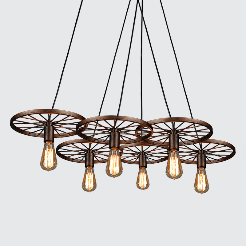 Rust Wheel Chandelier Lamp Industrial Wrought Iron 3/6-Head Dining Room Suspension Pendant Clearhalo 'Cast Iron' 'Ceiling Lights' 'Chandeliers' 'Industrial Chandeliers' 'Industrial' 'Metal' 'Middle Century Chandeliers' 'Rustic Chandeliers' 'Tiffany' Lighting' 1968963
