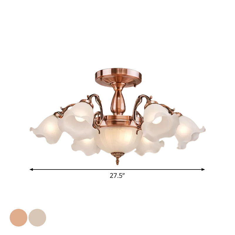 Bronze/Copper 8 Bulbs Semi Flush Light Rustic Opal Frosted Glass Ruffled Ceiling Mount Chandelier Clearhalo 'Ceiling Lights' 'Close To Ceiling Lights' 'Close to ceiling' 'Semi-flushmount' Lighting' 1971064