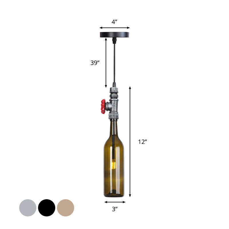 1 Light Pipe Hanging Lighting Industrial Black/Aged Silver/Antique Bronze Metal Pendant Lamp with Wine Bottle Brown/Blue/Green Glass Shade Clearhalo 'Ceiling Lights' 'Chandeliers' 'Glass shade' 'Glass' 'Industrial Pendants' 'Industrial' 'Middle Century Pendants' 'Pendant Lights' 'Pendants' 'Tiffany' Lighting' 1971867