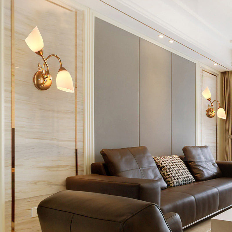 Rustic Tulip Wall Sconce Light 2 Bulbs Opal Frosted Glass Wall Mounted Lamp in Black/Gold for Bedroom Gold A Clearhalo 'Wall Lamps & Sconces' 'Wall Lights' Lighting' 1972169