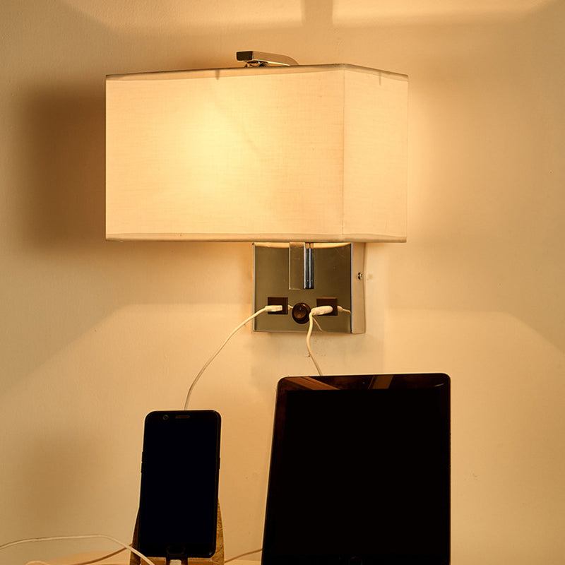 Fabric Rectangle Wall Light Kit Minimalist Single-Bulb Beige/Black/White Wall Lamp Fixture with USB Port Clearhalo 'Cast Iron' 'Glass' 'Industrial' 'Modern wall lights' 'Modern' 'Tiffany' 'Traditional wall lights' 'Wall Lamps & Sconces' 'Wall Lights' Lighting' 1972889