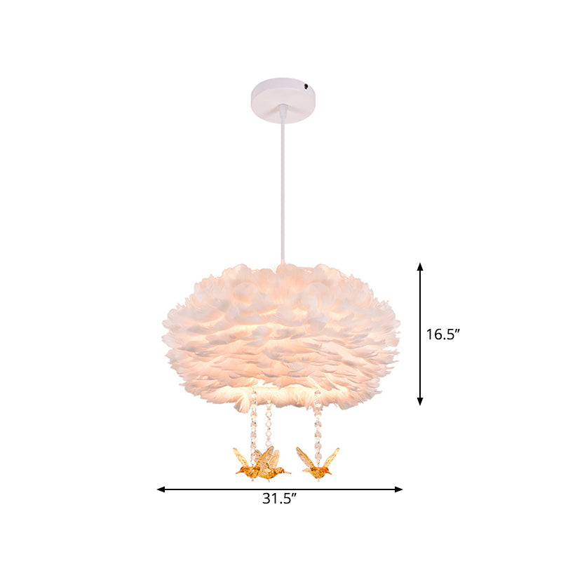 Drum Chandelier Modern Style Feather 3/4/5-Head White Pendant Light with Amber Bird Decor, 16"/19.5"/31.5" Width Clearhalo 'Ceiling Lights' 'Chandeliers' 'Modern Chandeliers' 'Modern' Lighting' 1981805