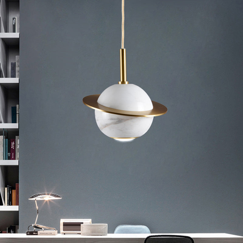 Designer Globe Hanging Light Marble Restaurant LED Pendant Lamp in Black/White/Green with Brass Ring Clearhalo 'Ceiling Lights' 'Modern Pendants' 'Modern' 'Pendant Lights' 'Pendants' Lighting' 1982208