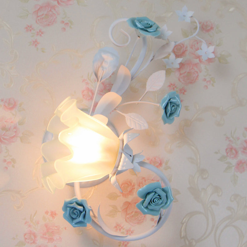 Left/Right Flower Shade Frosted Glass Wall Sconce Countryside 1-Light Bedroom Wall Mount Lamp in White White Left Clearhalo 'Wall Lamps & Sconces' 'Wall Lights' Lighting' 1982514