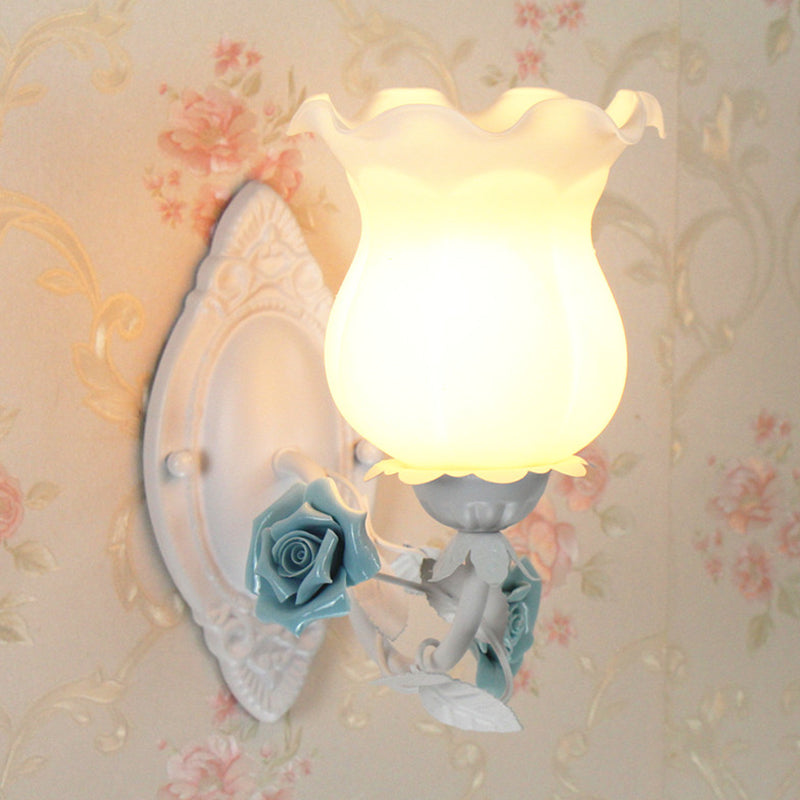 Pink/Green/Blue 1-Light Wall Sconce American Garden Frosted White Glass Floral Wall Mounted Light Blue Clearhalo 'Wall Lamps & Sconces' 'Wall Lights' Lighting' 1982565