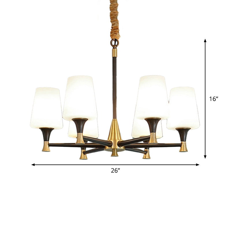 Conic Bedroom Ceiling Hang Light Fabric/White Glass 6/8-Light Modern Chandelier in Black and Gold Clearhalo 'Ceiling Lights' 'Chandeliers' 'Modern Chandeliers' 'Modern' Lighting' 1983055