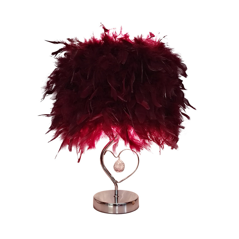 Modern Single Nightstand Lamp Red/White/Pink Bucket Shaped Table Light with Feather Shade and Crystal Drop Clearhalo 'Lamps' 'Table Lamps' Lighting' 1984891