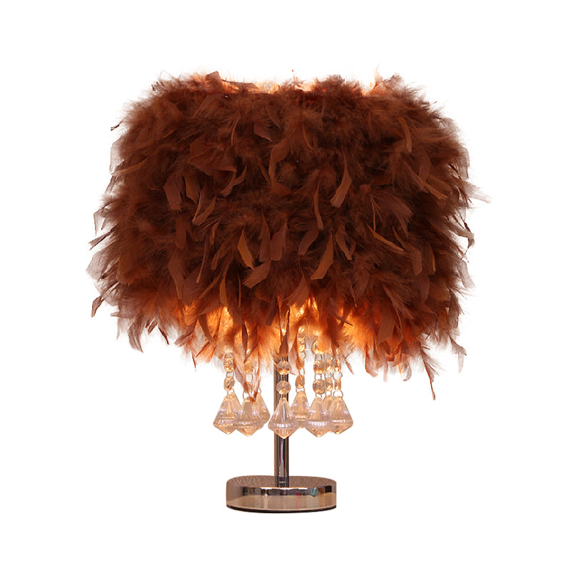 Round Dining Room Table Light Feather 1 Head Modern Night Lamp in Red/Pink/Rose Red with Crystal Droplet Clearhalo 'Lamps' 'Table Lamps' Lighting' 1984954