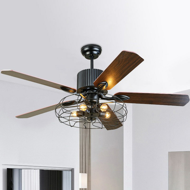 Drum Caged Metal Semi Flush Mount Industrial 52" Wide 5-Bulb Dining Room Pendant Fan Light in Black, 52" Wide Clearhalo 'Ceiling Fans with Lights' 'Ceiling Fans' 'Industrial Ceiling Fans' 'Industrial' Lighting' 1985672