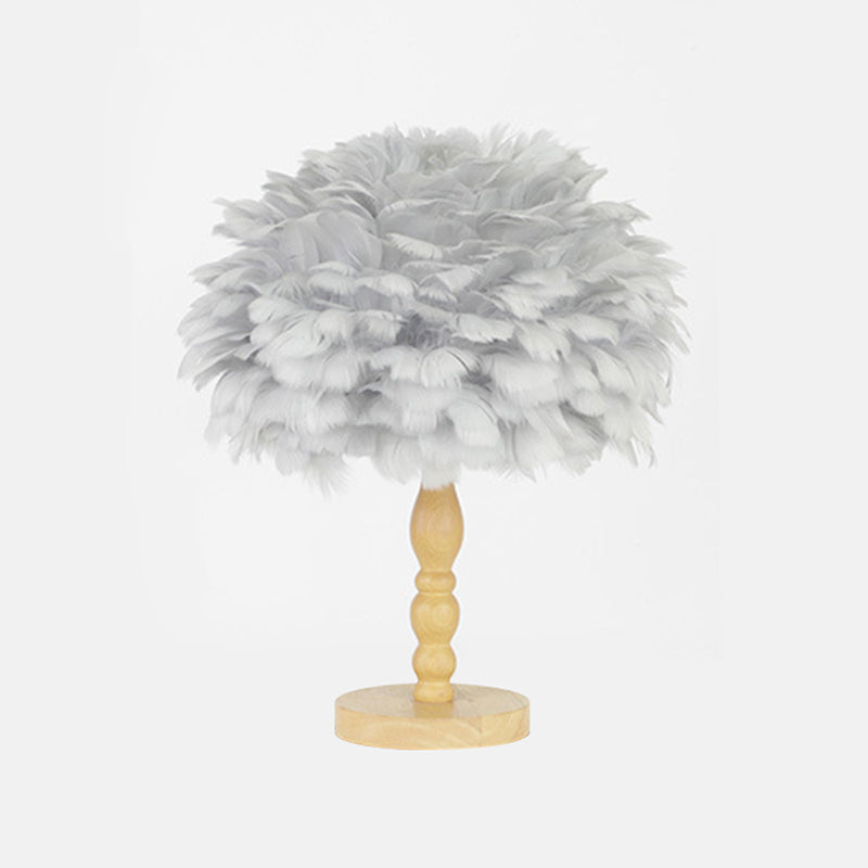 Wood Baluster Table Light Simplicity 1 Bulb Night Stand Lamp with Dome Feather Shade in Grey/White Clearhalo 'Lamps' 'Table Lamps' Lighting' 1985897