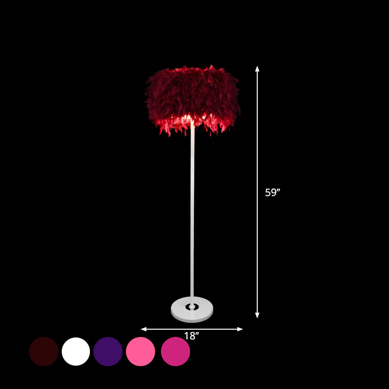 Burgundy/Purple/Pink Drum Floor Light Minimalistic 1-Bulb Feather Standing Floor Lamp for Living Room Clearhalo 'Floor Lamps' 'Lamps' Lighting' 1986095